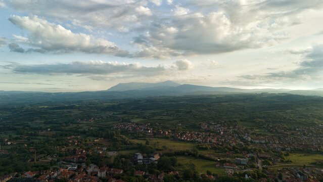 Aerial drone panoramic view of Sokobanja town with Rtanj mountain, Serbia