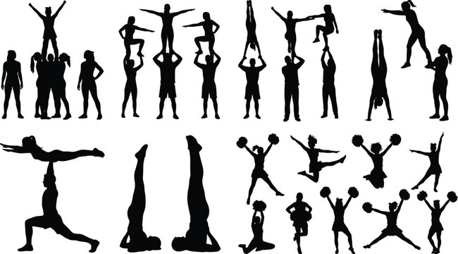 Cheerleading and acrobatics silhouettes vector set with cheerleader teams performing stunts pyramids jumps and holding pom poms