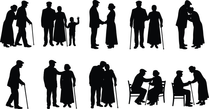 Senior couple silhouettes vector set featuring elderly husband and wife interacting walking with canes and sitting on chairs