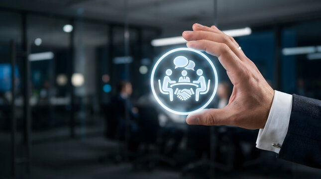 Business Partnership and Team Collaboration Hologram Icon for Corporate Communication and Strategic Meeting