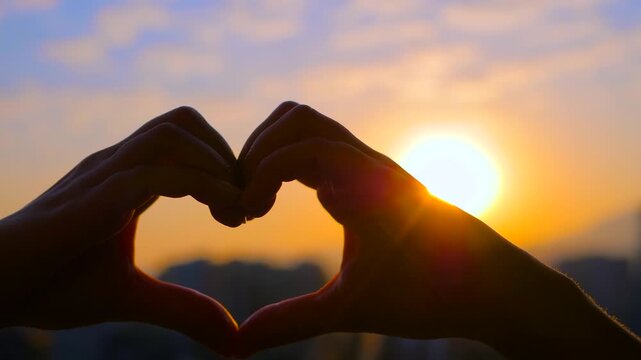 Silhouettes of woman hands are forming a heart shape sign against the sunset or sunrise sky - close up view, sun lens flares. Love, romantic, gesture and positive concept