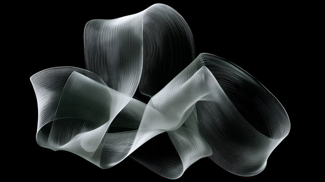 Complex entangled silver mesh fabric curves on black background