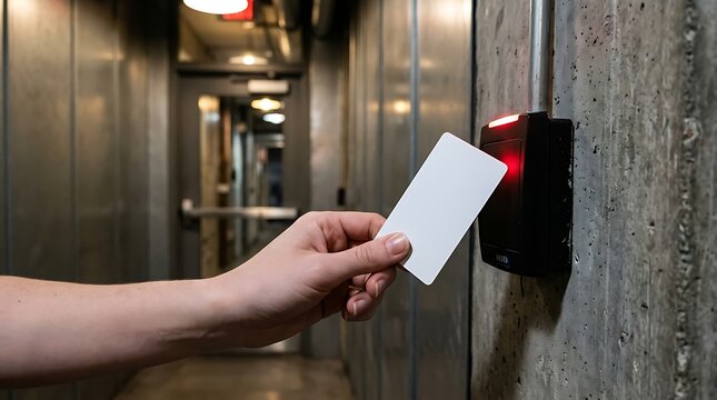 Hand holding card near electronic access control reader in a dimly lit corridor
