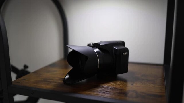 Compact mirrorless camera resting on a shelf symbolizing content creation photography equipment creative hobbies visual storytelling and modern digital lifestyle