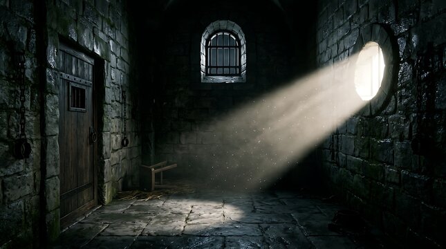Dark medieval prison cell with stone walls and a beam of light