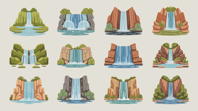 Colorful cartoon waterfalls between rock formations in nature scene