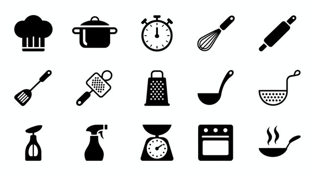Set of sixteen black kitchen and cooking icons including tools, timer, and appliances