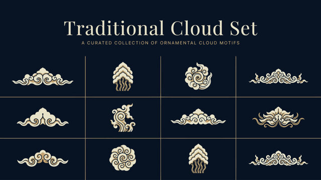 Elegant traditional oriental cloud decorative motifs set in black background