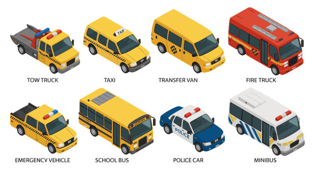 Colorful set of eight different emergency and service vehicles illustration