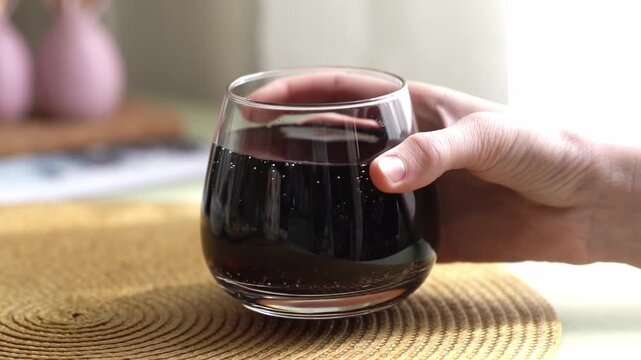 A child's or teenager's hand takes a glass of fizzy, sweet drink from the table. A refreshing drink in a cup. High quality FullHD footage