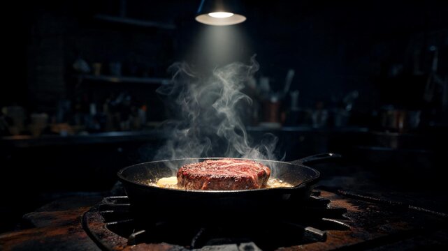 A thick beef ribeye steak sears in a hot cast-iron skillet, releasing curls of steam and smoke directly under a modern kitchen pendant light.