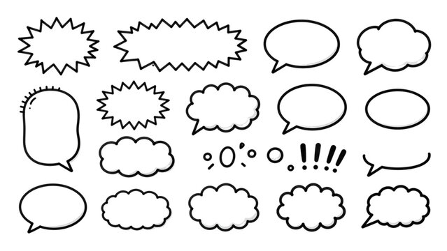 Bold outline comic speech bubbles and pop art text boxes pack, isolated black manga dialog elements with shadow on transparent background