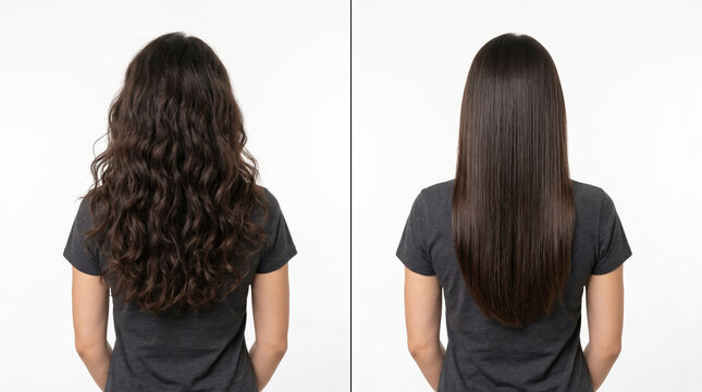 A person stands with curly hair on the left and straight hair on the right. The background is plain and white. This shows the change from frizzy to smooth hair with treatment