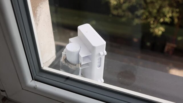 Close up of a wireless internet antenna mounted on a window receiving signal for home network connection modern communication technology and broadband access
