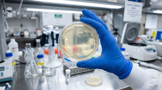 Microbiologist holding a petri dish in a laboratory setting