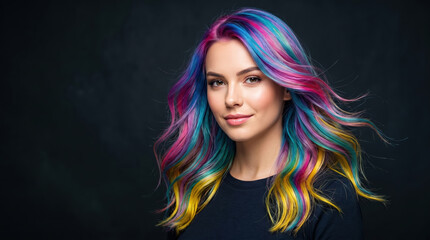 Fototapeta premium A young woman stands in a studio with her hair styled in bright colors. She smiles as the light highlights her colorful strands. The scene shows a dark background that emphasizes her hair