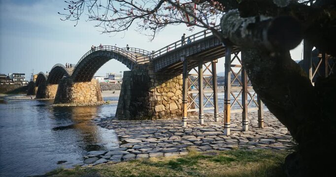 Kintai Bridge Wooden Arches Over River Iwakuni In Japan - Steady Cam Forward Shot