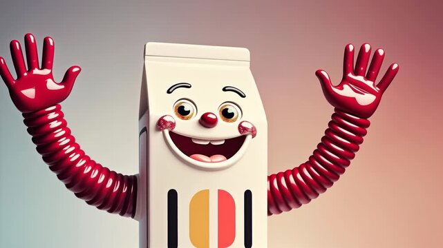 Cartoon milk carton character with red arms and cheerful expression raises hands in excitement against a colorful gradient background, showcasing a playful and whimsical design