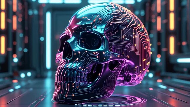Futuristic skull with glowing circuit patterns displayed in a high-tech environment featuring illuminated panels and sleek metallic surfaces