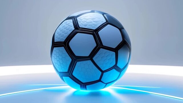 Soccer ball with hexagonal patterns illuminated by blue light, rotating on a circular platform with a smooth surface and a minimalistic background