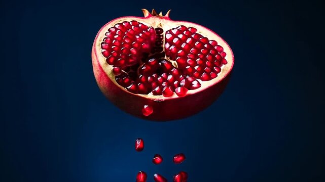 Pomegranate fruit split open reveals juicy seeds cascading down against a dark blue background, showcasing vibrant red arils and intricate inner structure