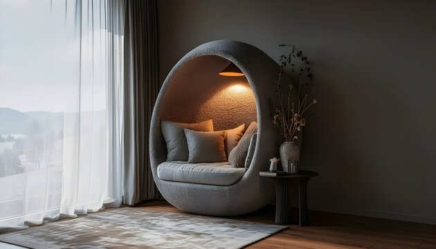 Futuristic oval-shaped sleep pod or modern daybed in a sunlit room with floor-to-ceiling windows, overlooking a green garden, conceptual interior design.