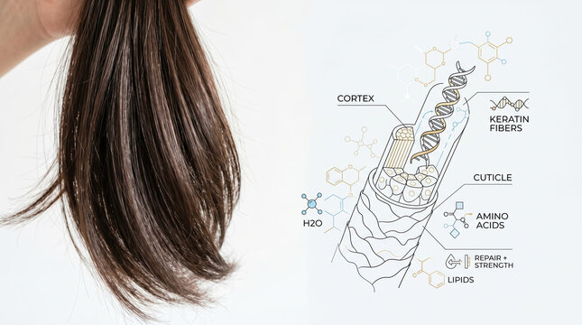 A hand holds a strand of hair next to a diagram that explains the hair structure including cortex, cuticle, and components like amino acids and lipids