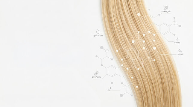 A strand of long hair is displayed against a plain background. Labels indicate important features like hydration and strength for hair care. The setting is well-lit and simple