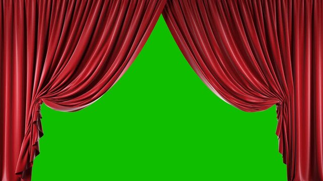Opening and closing theatre curtains. Isolated background with green chromakey, 4k. 