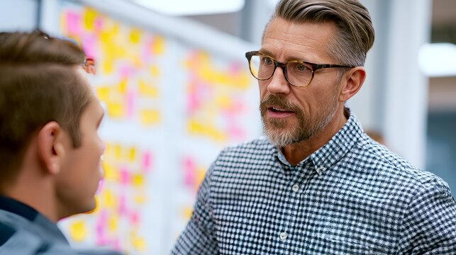Manager giving one-on-one coaching to employee beside whiteboard in office