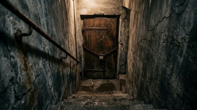 old wooden door with chain and padlock at bottom of stairs