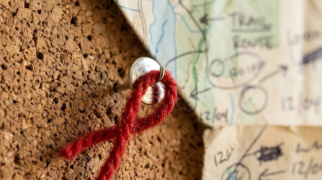 Trail map with red string and pin on corkboard