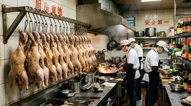 Raw Whole Ducks Hanging on Metal Hooks in Commercial Restaurant Kitchen