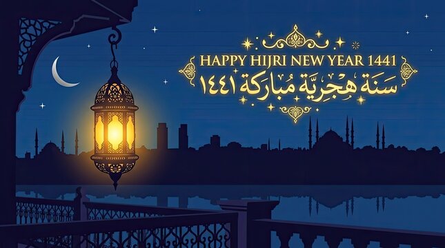 Islamic New Year 1441 banner with lantern silhouette.