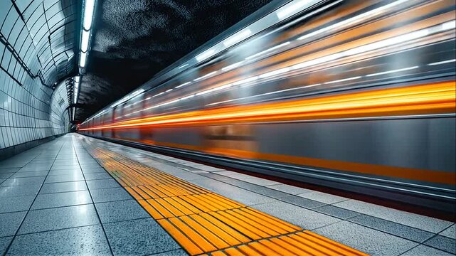 Yellow subway train rushing through a station with motion blur effect.