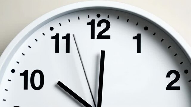 White wall clock showing ten o'clock with the second hand moving towards twelve on a plain wall
