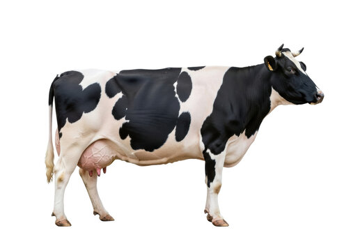 Majestic holstein friesian dairy cow with prominent, engorged udder and ear tag, standing still, isolated on a transparent studio background with copy space. concept for commercial agriculture
