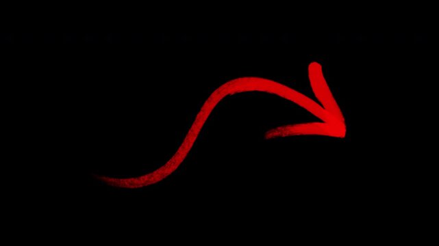 Hand-drawn red curved arrow animation with transparent background, Animated doodle of a red wavy indicator arrow moving forward, motion graphic, crayon style drawing pointing right, video element.