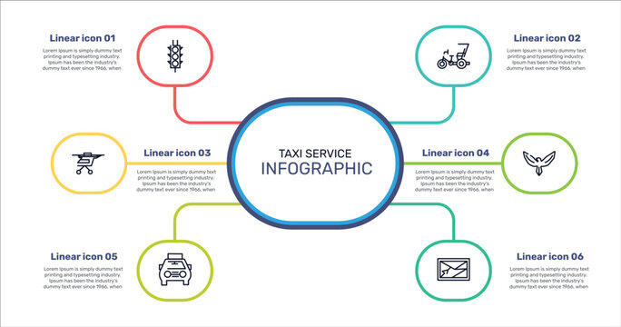 taxi service outline icon set featuring semaphore traffic lights, cycle rickshaw, hawk, solar taxi icons.
