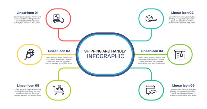 shipping and handly outline icon set featuring package on rolling transport, search box, tagged package, package on trolley icons.