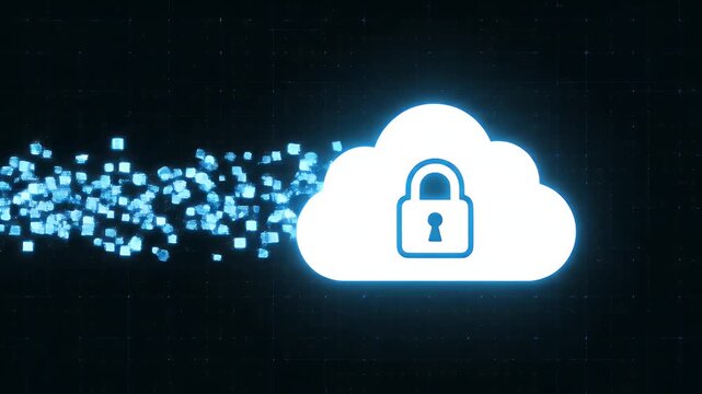 cloud computing security concept with a glowing padlock icon on a dark digital grid background