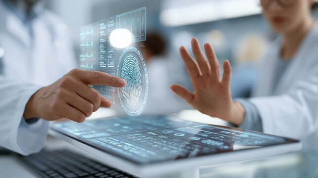 Medical records technician navigating a biometricsecured digital interface captured with crisp highkey light showcasing ultrarealistic screen details and a softly diffused office