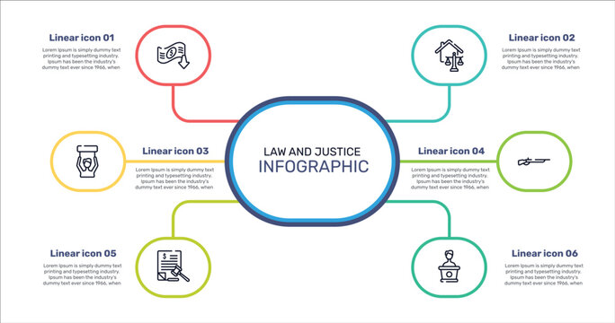law and justice outline icon set featuring bankruptcy, real estate law, shotgun, tax law icons.