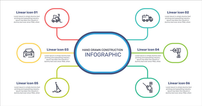 hand drawn construction outline icon set featuring null, truck with freight, hine drill, sweeping broom icons.
