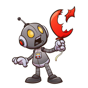 Cute Cartoon Robot Shocked by Popped Balloon