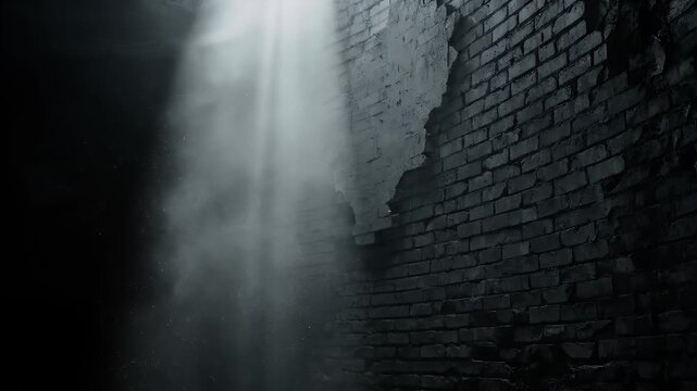 Dark brick wall with a dramatic shaft of light and floating dust particles in a mysterious room