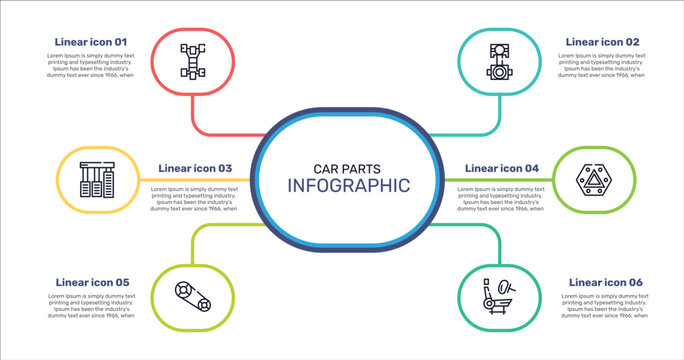 car parts outline icon set featuring car chassis, car connecting rod, hazard lights, camshaft icons.