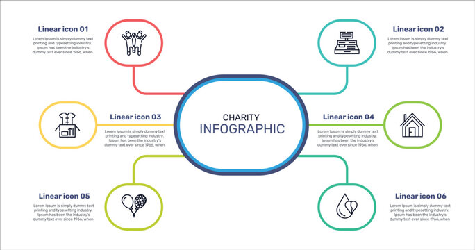 charity outline icon set featuring happy kids, cash box, shelter, ballons icons.
