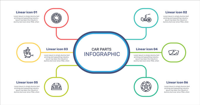 car parts outline icon set featuring car bearing, car exhaust, windscreen, parcel shelf icons.