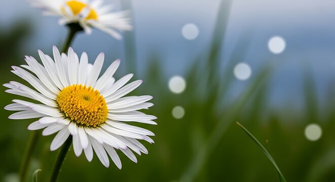 Daisy flower close up white petals and yellow center in natural light